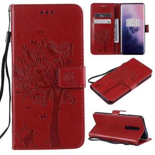 Saturcase Coque Pour Oneplus 7 Pro, Arbre À Chat Pu Cuir Magnétique Flip Portefeuille Support Porte-Carte Protecteur Housse Étui Avec Dragonne Pour Oneplus 7 Pro (Rouge)