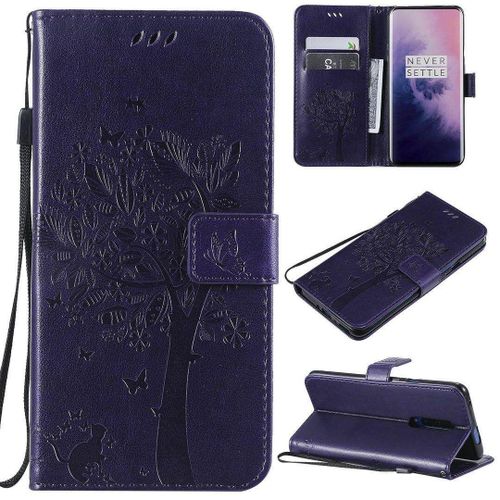 Saturcase Coque Pour Oneplus 7 Pro, Arbre À Chat Pu Cuir Magnétique Flip Portefeuille Support Porte-Carte Protecteur Housse Étui Avec Dragonne Pour Oneplus 7 Pro (Violet)