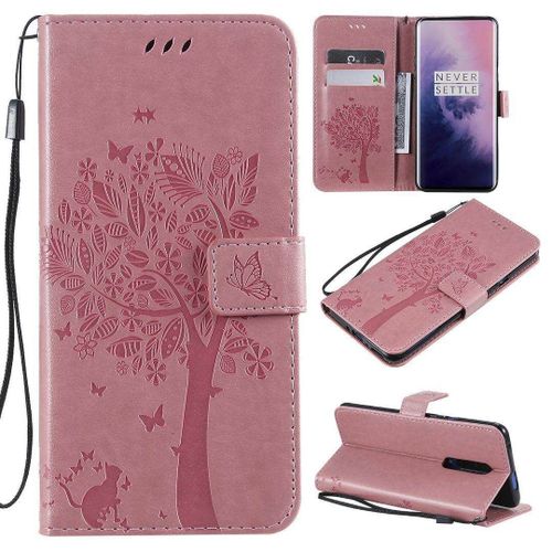 Saturcase Coque Pour Oneplus 7 Pro, Arbre À Chat Pu Cuir Magnétique Flip Portefeuille Support Porte-Carte Protecteur Housse Étui Avec Dragonne Pour Oneplus 7 Pro (Pink)