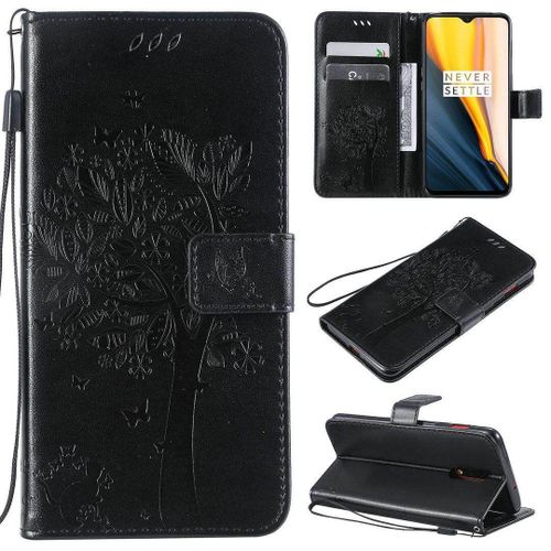 Saturcase Coque Pour Oneplus 7 / Oneplus 6t, Arbre À Chat Pu Cuir Magnétique Flip Portefeuille Support Porte-Carte Protecteur Housse Étui Avec Dragonne Pour Oneplus 7 / Oneplus 6t (Noir)