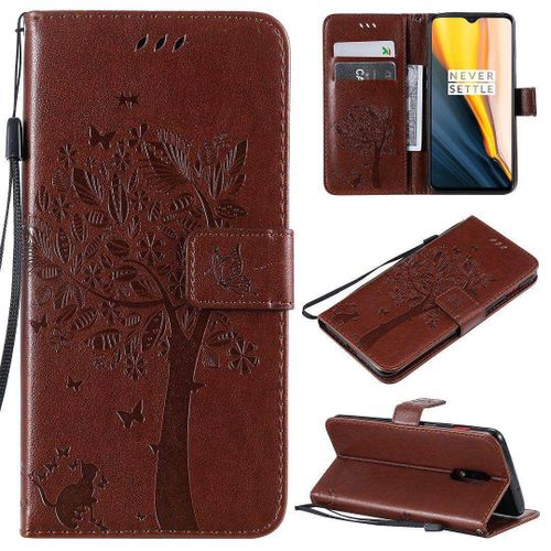 Saturcase Coque Pour Oneplus 7 / Oneplus 6t, Arbre À Chat Pu Cuir Magnétique Flip Portefeuille Support Porte-Carte Protecteur Housse Étui Avec Dragonne Pour Oneplus 7 / Oneplus 6t (Marron)