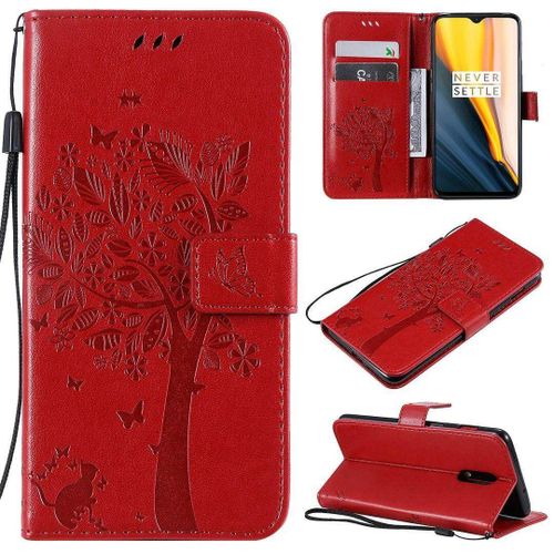Saturcase Coque Pour Oneplus 7 / Oneplus 6t, Arbre À Chat Pu Cuir Magnétique Flip Portefeuille Support Porte-Carte Protecteur Housse Étui Avec Dragonne Pour Oneplus 7 / Oneplus 6t (Rouge)