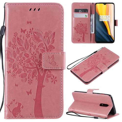 Saturcase Coque Pour Oneplus 7 / Oneplus 6t, Arbre À Chat Pu Cuir Magnétique Flip Portefeuille Support Porte-Carte Protecteur Housse Étui Avec Dragonne Pour Oneplus 7 / Oneplus 6t (Pink)