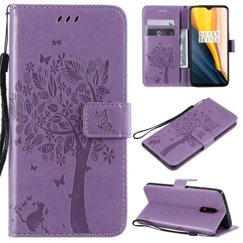 Saturcase Coque Pour Oneplus 7 / Oneplus 6t, Arbre À Chat Pu Cuir Magnétique Flip Portefeuille Support Porte-Carte Protecteur Housse Étui Avec Dragonne Pour Oneplus 7 / Oneplus 6t (Lavande)