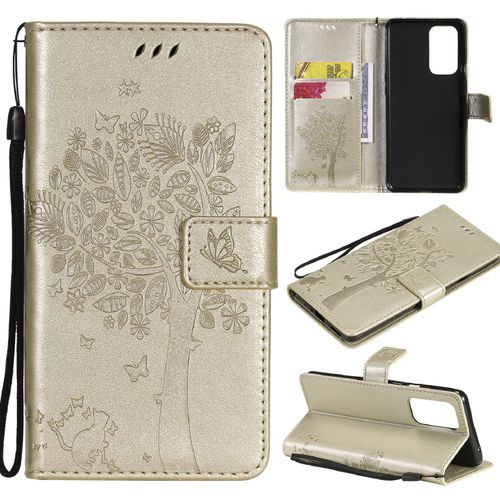 Saturcase Coque Pour Oneplus 9 Pro, Arbre À Chat Pu Cuir Magnétique Flip Portefeuille Support Porte-Carte Protecteur Housse Étui Avec Dragonne Pour Oneplus 9 Pro (Or)