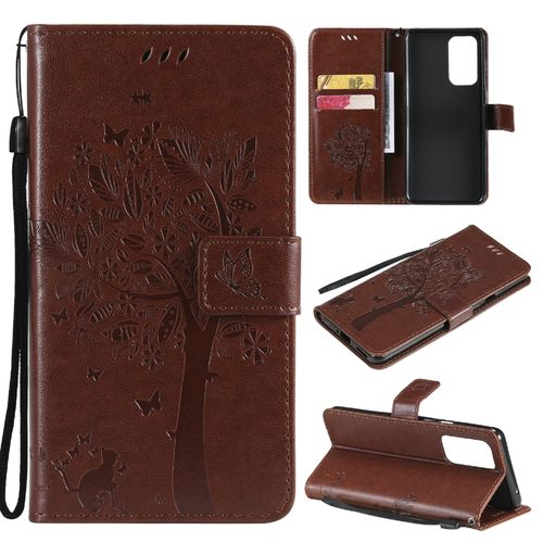 Saturcase Coque Pour Oneplus 9 Pro, Arbre À Chat Pu Cuir Magnétique Flip Portefeuille Support Porte-Carte Protecteur Housse Étui Avec Dragonne Pour Oneplus 9 Pro (Marron)