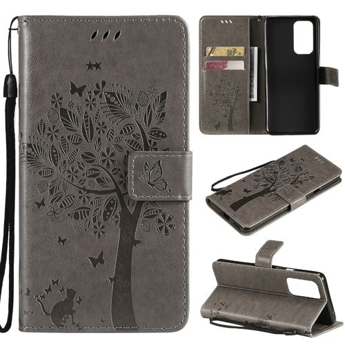 Saturcase Coque Pour Oneplus 9 Pro, Arbre À Chat Pu Cuir Magnétique Flip Portefeuille Support Porte-Carte Protecteur Housse Étui Avec Dragonne Pour Oneplus 9 Pro (Gris)