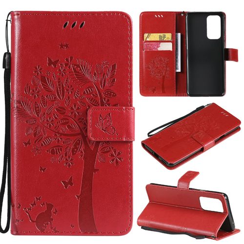 Saturcase Coque Pour Oneplus 9 Pro, Arbre À Chat Pu Cuir Magnétique Flip Portefeuille Support Porte-Carte Protecteur Housse Étui Avec Dragonne Pour Oneplus 9 Pro (Rouge)