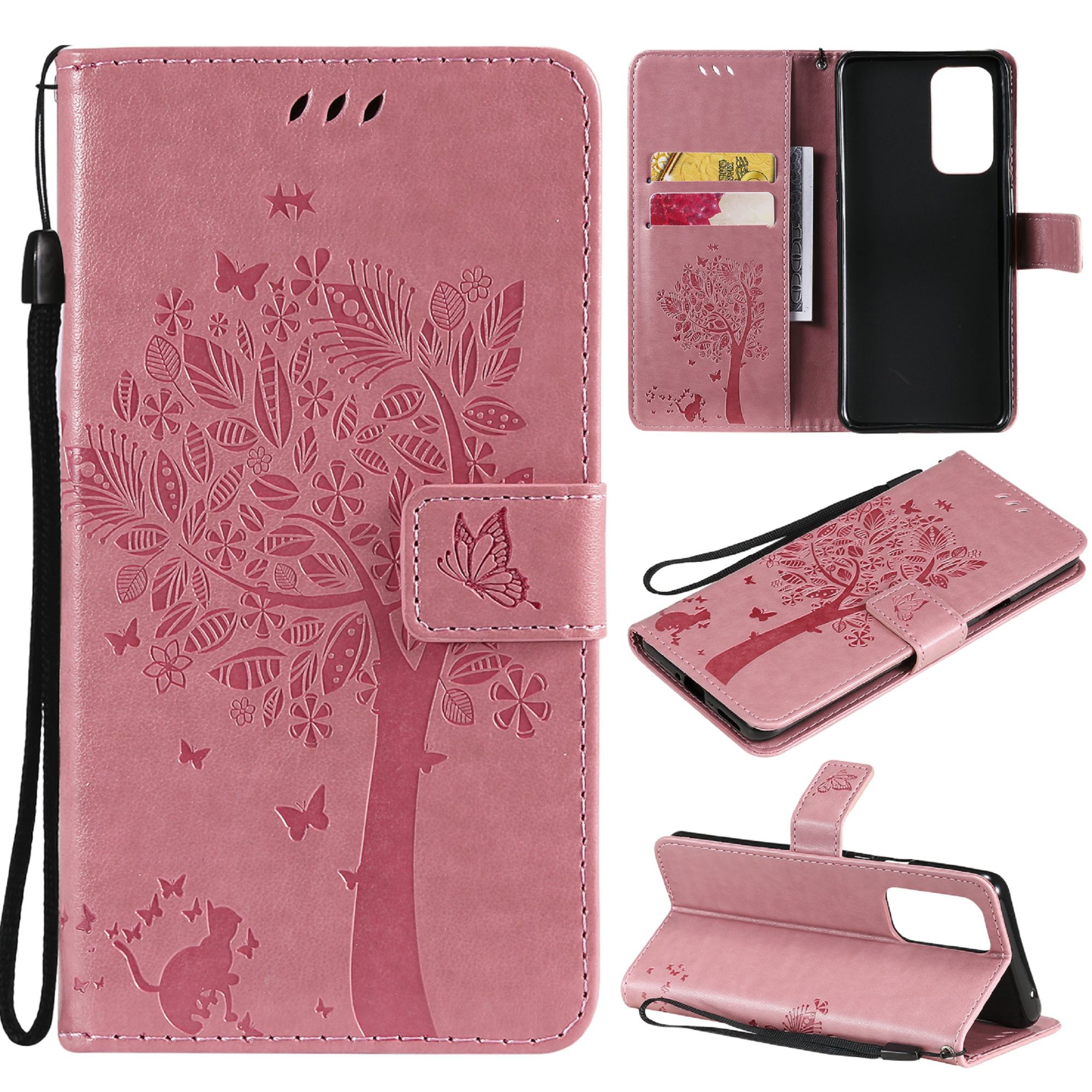 Saturcase Coque Pour Oneplus 9 Pro, Arbre À Chat Pu Cuir Magnétique Flip Portefeuille Support Porte-Carte Protecteur Housse Étui Avec Dragonne Pour Oneplus 9 Pro (Pink)