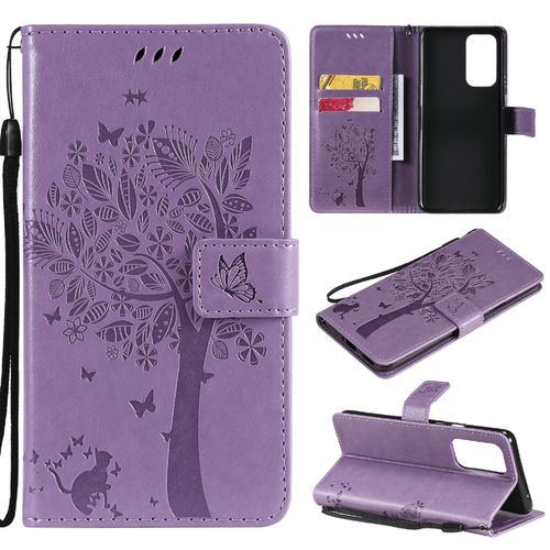 Saturcase Coque Pour Oneplus 9 Pro, Arbre À Chat Pu Cuir Magnétique Flip Portefeuille Support Porte-Carte Protecteur Housse Étui Avec Dragonne Pour Oneplus 9 Pro (Lavande)