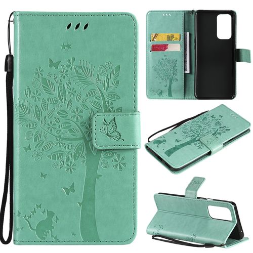 Saturcase Coque Pour Oneplus 9 Pro, Arbre À Chat Pu Cuir Magnétique Flip Portefeuille Support Porte-Carte Protecteur Housse Étui Avec Dragonne Pour Oneplus 9 Pro (Vert)