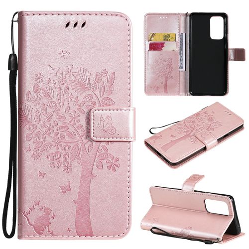 Saturcase Coque Pour Oneplus 9 Pro, Arbre À Chat Pu Cuir Magnétique Flip Portefeuille Support Porte-Carte Protecteur Housse Étui Avec Dragonne Pour Oneplus 9 Pro (Or Rose)
