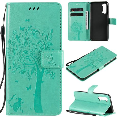 Saturcase Coque Pour Oppo Find X2 Lite, Arbre À Chat Pu Cuir Magnétique Flip Portefeuille Support Porte-Carte Protecteur Housse Étui Avec Dragonne Pour Oppo Find X2 Lite (Vert)