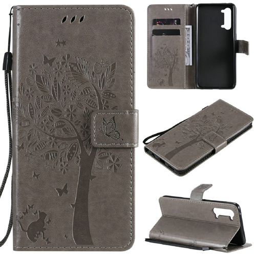 Saturcase Coque Pour Oppo Find X2 Lite, Arbre À Chat Pu Cuir Magnétique Flip Portefeuille Support Porte-Carte Protecteur Housse Étui Avec Dragonne Pour Oppo Find X2 Lite (Gris)