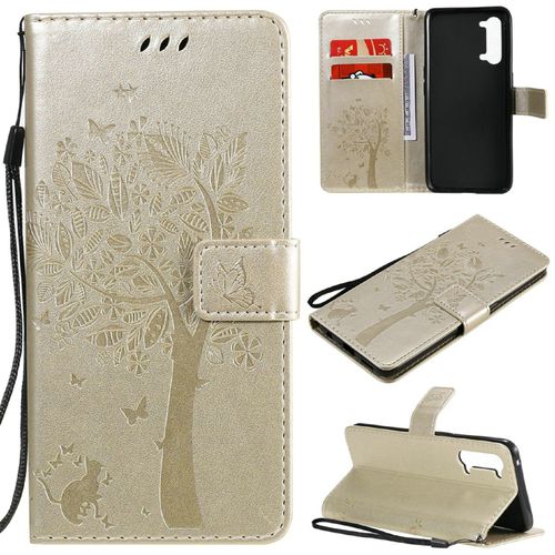 Saturcase Coque Pour Oppo Find X2 Lite, Arbre À Chat Pu Cuir Magnétique Flip Portefeuille Support Porte-Carte Protecteur Housse Étui Avec Dragonne Pour Oppo Find X2 Lite (Or)