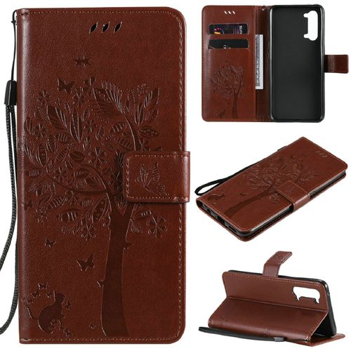 Saturcase Coque Pour Oppo Find X2 Lite, Arbre À Chat Pu Cuir Magnétique Flip Portefeuille Support Porte-Carte Protecteur Housse Étui Avec Dragonne Pour Oppo Find X2 Lite (Marron)