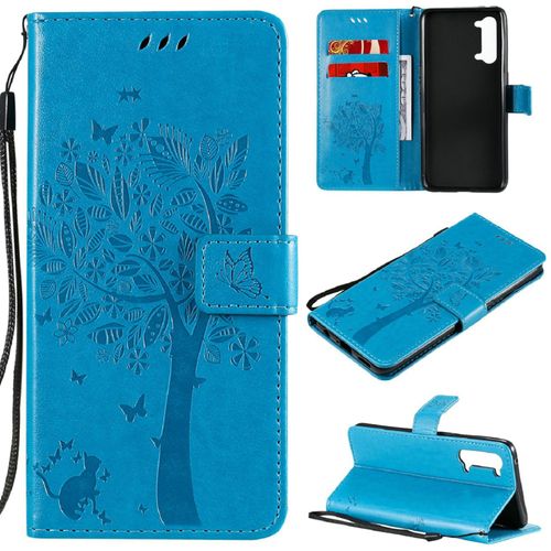 Saturcase Coque Pour Oppo Find X2 Lite, Arbre À Chat Pu Cuir Magnétique Flip Portefeuille Support Porte-Carte Protecteur Housse Étui Avec Dragonne Pour Oppo Find X2 Lite (Bleu)