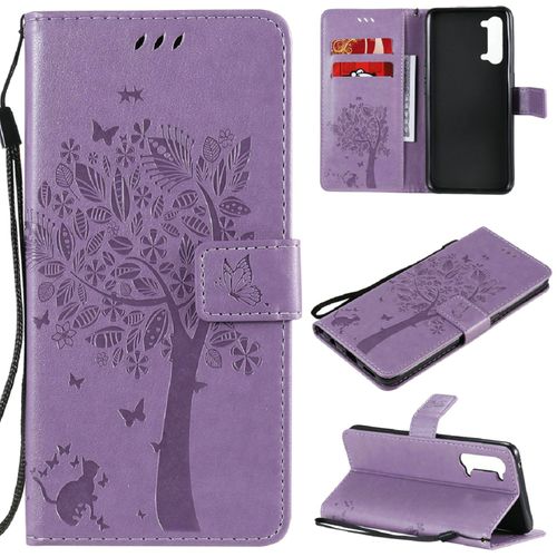 Saturcase Coque Pour Oppo Find X2 Lite, Arbre À Chat Pu Cuir Magnétique Flip Portefeuille Support Porte-Carte Protecteur Housse Étui Avec Dragonne Pour Oppo Find X2 Lite (Lavande)