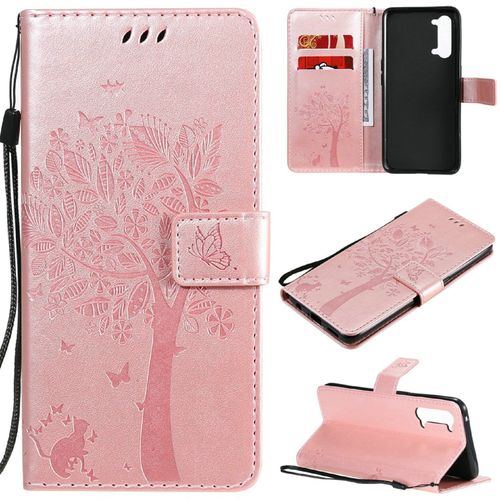 Saturcase Coque Pour Oppo Find X2 Lite, Arbre À Chat Pu Cuir Magnétique Flip Portefeuille Support Porte-Carte Protecteur Housse Étui Avec Dragonne Pour Oppo Find X2 Lite (Or Rose)