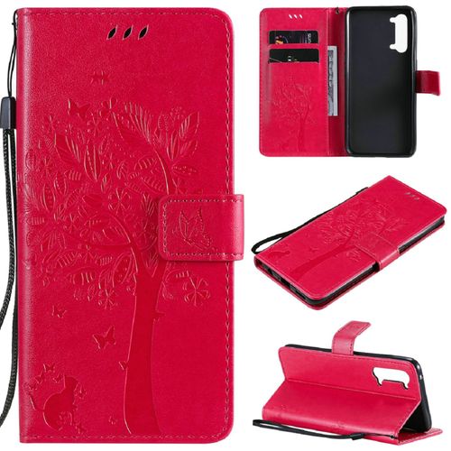 Saturcase Coque Pour Oppo Find X2 Lite, Arbre À Chat Pu Cuir Magnétique Flip Portefeuille Support Porte-Carte Protecteur Housse Étui Avec Dragonne Pour Oppo Find X2 Lite (Rose)