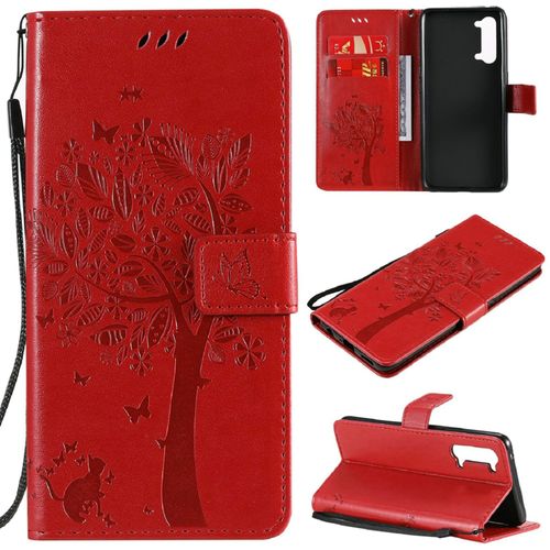 Saturcase Coque Pour Oppo Find X2 Lite, Arbre À Chat Pu Cuir Magnétique Flip Portefeuille Support Porte-Carte Protecteur Housse Étui Avec Dragonne Pour Oppo Find X2 Lite (Rouge)