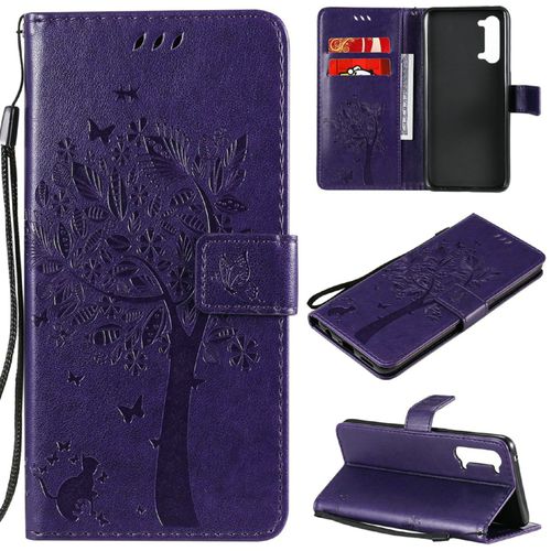 Saturcase Coque Pour Oppo Find X2 Lite, Arbre À Chat Pu Cuir Magnétique Flip Portefeuille Support Porte-Carte Protecteur Housse Étui Avec Dragonne Pour Oppo Find X2 Lite (Violet)