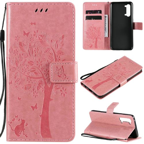 Saturcase Coque Pour Oppo Find X2 Lite, Arbre À Chat Pu Cuir Magnétique Flip Portefeuille Support Porte-Carte Protecteur Housse Étui Avec Dragonne Pour Oppo Find X2 Lite (Pink)
