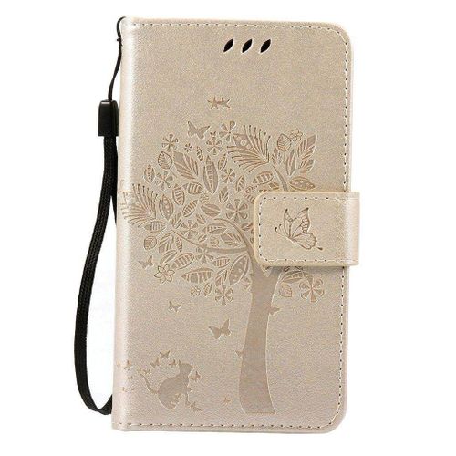 Saturcase Coque Pour Samsung Galaxy A3 2016, Arbre À Chat Pu Cuir Magnétique Flip Portefeuille Support Porte-Carte Protecteur Housse Étui Avec Dragonne Pour Samsung Galaxy A3 2016 (Or)