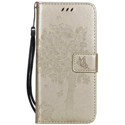 Saturcase Coque Pour Samsung Galaxy Note 4, Arbre À Chat Pu Cuir Magnétique Flip Portefeuille Support Porte-Carte Protecteur Housse Étui Avec Dragonne Pour Samsung Galaxy Note 4 (Or)