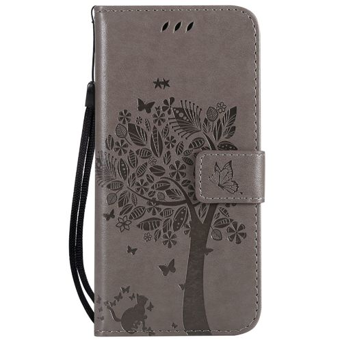 Saturcase Coque Pour Samsung Galaxy Note 4, Arbre À Chat Pu Cuir Magnétique Flip Portefeuille Support Porte-Carte Protecteur Housse Étui Avec Dragonne Pour Samsung Galaxy Note 4 (Gris)