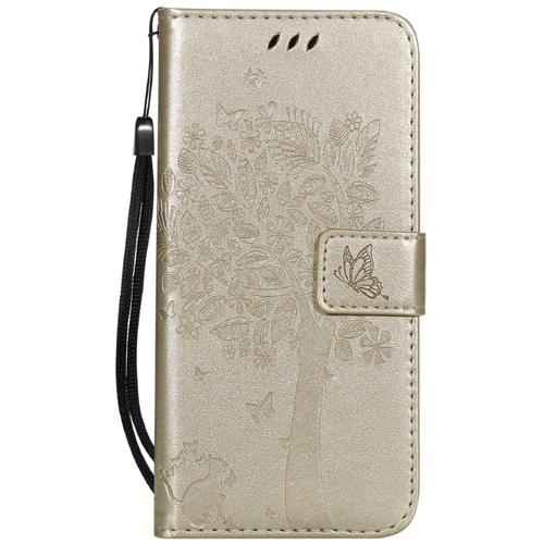 Saturcase Coque Pour Samsung Galaxy S5, Arbre À Chat Pu Cuir Magnétique Flip Portefeuille Support Porte-Carte Protecteur Housse Étui Avec Dragonne Pour Samsung Galaxy S5 (Or)