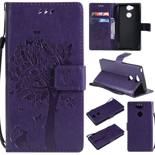 Saturcase Coque Pour Sony Xperia Xa2, Arbre À Chat Pu Cuir Magnétique Flip Portefeuille Support Porte-Carte Protecteur Housse Étui Avec Dragonne Pour Sony Xperia Xa2 (Violet)