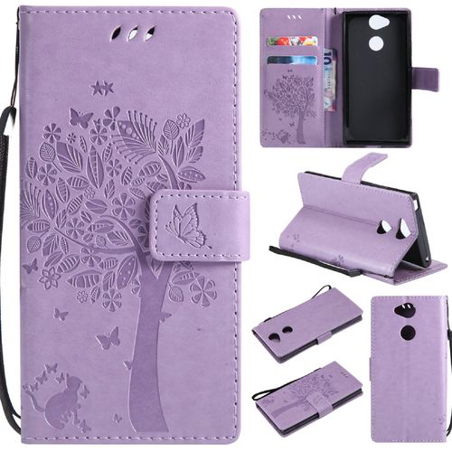 Saturcase Coque Pour Sony Xperia Xa2, Arbre À Chat Pu Cuir Magnétique Flip Portefeuille Support Porte-Carte Protecteur Housse Étui Avec Dragonne Pour Sony Xperia Xa2 (Lavande)