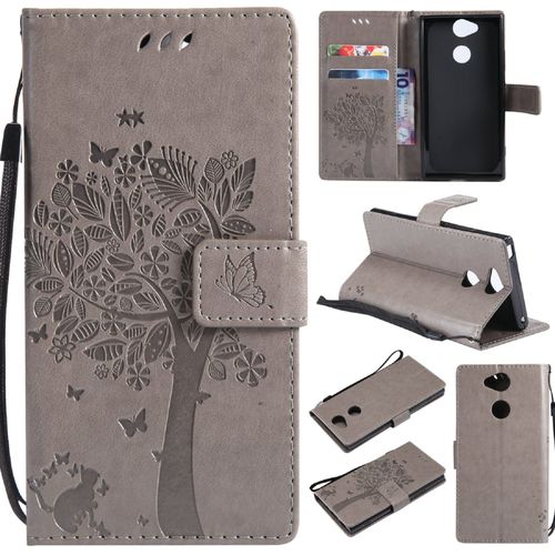 Saturcase Coque Pour Sony Xperia Xa2, Arbre À Chat Pu Cuir Magnétique Flip Portefeuille Support Porte-Carte Protecteur Housse Étui Avec Dragonne Pour Sony Xperia Xa2 (Gris)
