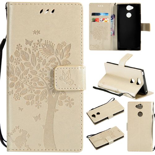 Saturcase Coque Pour Sony Xperia Xa2, Arbre À Chat Pu Cuir Magnétique Flip Portefeuille Support Porte-Carte Protecteur Housse Étui Avec Dragonne Pour Sony Xperia Xa2 (Or)