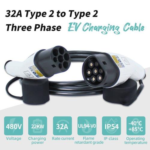 Câble Type 2, MAX GREEN Câble de Recharge Véhicule électrique et Hybride  Rechargeable de Type 2 à Type 2 - 32Amp - Puissance de Sortie maximale 22KW  - Trois Phases - 10 mètres