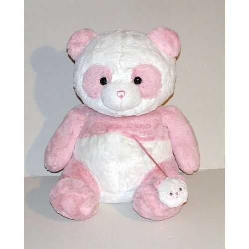 Peluche Ours Panda Rose Et Blanc Assis Sidj - Doudou Ourson Avec Chat Pouet 35 Cm