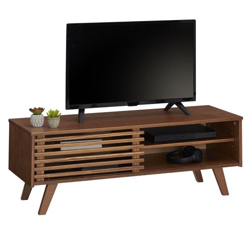 Meuble Tv Sean Banc Télé De 115 Cm Au Design Vintage Avec 4 Niches Et 1 Porte Coulissante Ajourée, En Pin Massif Lasuré Brun Foncé