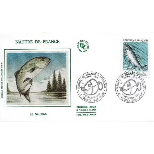 France 1990, Très Belle Enveloppe 1er Jour, Timbre Yvert 2665, Le Saumon, Belle Illustration Soie, État Neuf. -