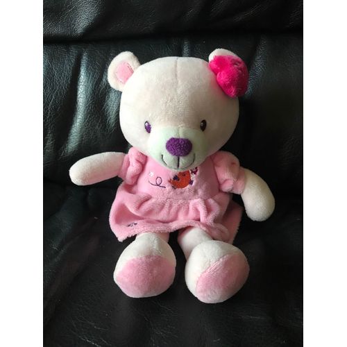 Doudou Peluche Ours Robe Rose Oiseau Fleurs Broderies  Pommette