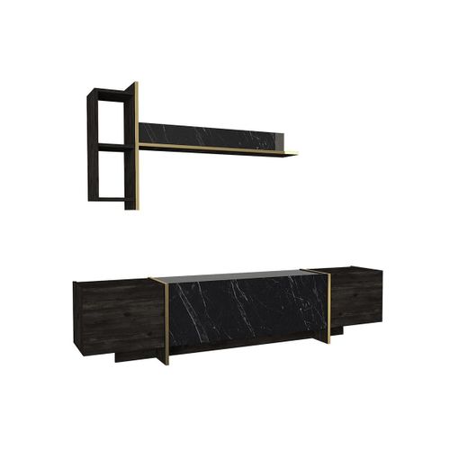 Ensemble Tv Avec 3 Portes - Effet Marbre Noir Et Doré - Cadeba