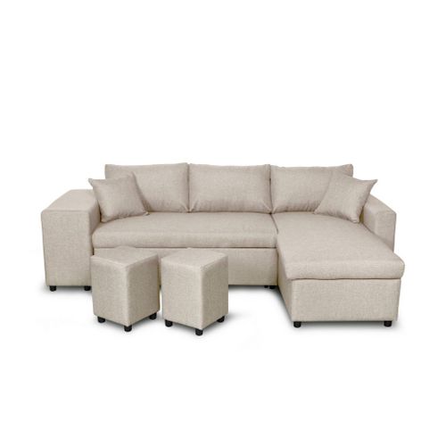 Canapé D'angle Oslo Convertible Avec Coffre Et Poufs En Tissu - Beige, Position Du Rangement Poufs - Gauche