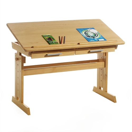 Bureau Enfant Écolier Junior Olivia Table À Dessin Réglable En Hauteur Et Pupitre Inclinable Avec 2 Tiroirs En Pin Massif Hêtre