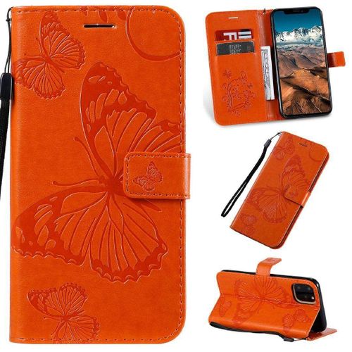 Saturcase Coque Pour Apple Iphone 11 Pro Max, Papillon Gaufrage Pu Cuir Magnétique Flip Portefeuille Support Porte-Carte Protecteur Housse Étui Avec Dragonne Pour Apple Iphone 11 Pro Max (Orange)
