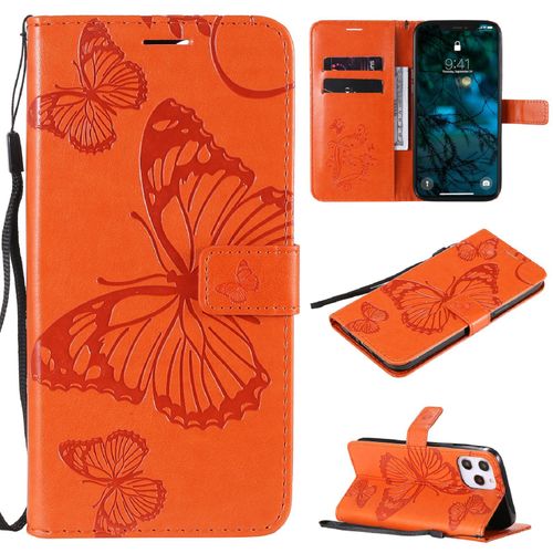 Saturcase Coque Pour Apple Iphone 12 Pro Max, Papillon Gaufrage Pu Cuir Magnétique Flip Portefeuille Support Porte-Carte Protecteur Housse Étui Avec Dragonne Pour Apple Iphone 12 Pro Max (Orange)