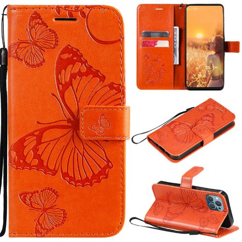 Saturcase Coque Pour Apple Iphone 13 Mini, Papillon Gaufrage Pu Cuir Magnétique Flip Portefeuille Support Porte-Carte Protecteur Housse Étui Avec Dragonne Pour Apple Iphone 13 Mini (Orange)