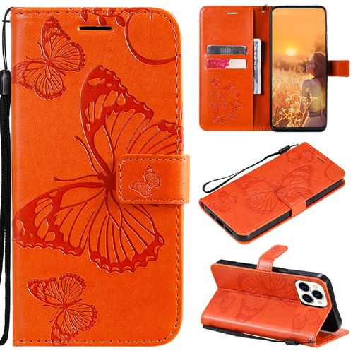 Saturcase Coque Pour Apple Iphone 13 Pro Max, Papillon Gaufrage Pu Cuir Magnétique Flip Portefeuille Support Porte-Carte Protecteur Housse Étui Avec Dragonne Pour Apple Iphone 13 Pro Max (Orange)