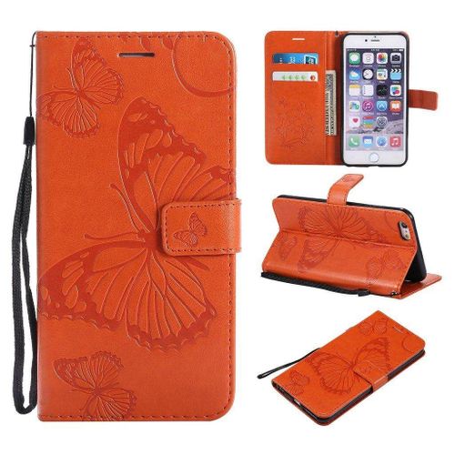 Saturcase Coque Pour Apple Iphone 6 Plus / 6s Plus, Papillon Gaufrage Pu Cuir Magnétique Flip Portefeuille Support Porte-Carte Protecteur Housse Étui Avec Dragonne Pour Apple Iphone 6 Plus / 6s Plus (Orange)