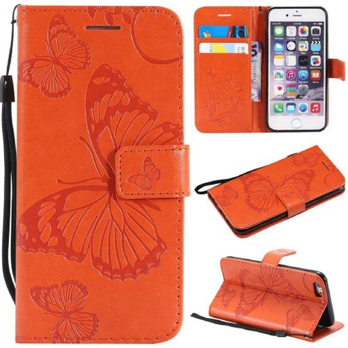 Saturcase Coque Pour Apple Iphone 6 6s, Papillon Gaufrage Pu Cuir Magnétique Flip Portefeuille Support Porte-Carte Protecteur Housse Étui Avec Dragonne Pour Apple Iphone 6 6s (Orange)