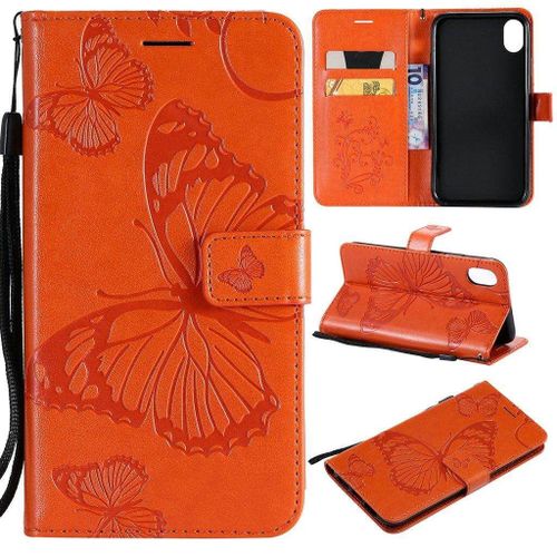 Saturcase Coque Pour Apple Iphone Xr, Papillon Gaufrage Pu Cuir Magnétique Flip Portefeuille Support Porte-Carte Protecteur Housse Étui Avec Dragonne Pour Apple Iphone Xr (Orange)